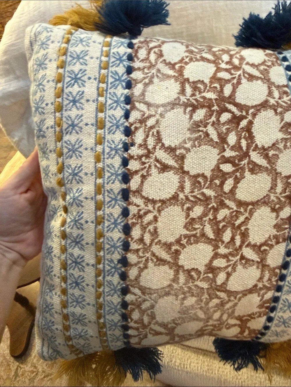 Boho Patchwork Decorative Throw lumbar Pillow in Cream, Brown & Rust with tassel